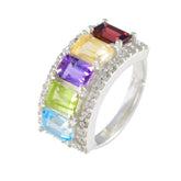 Riley multicolor gemstone statement ring with five emerald cut stones red yellow purple green blue and pave diamonds